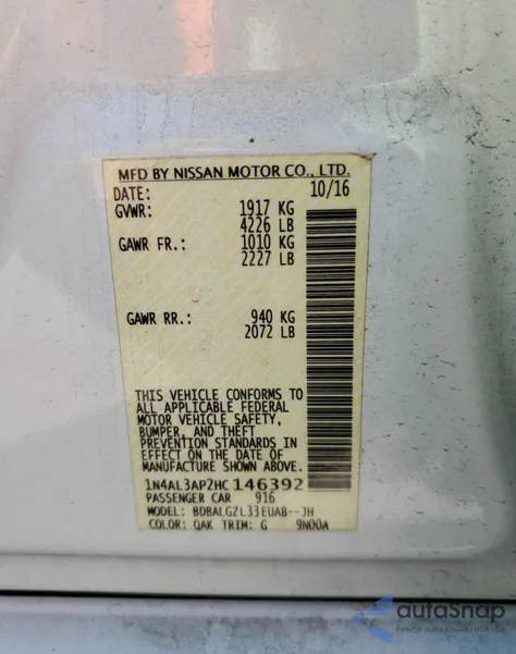 2017 Nissan Altima 2.5 from USA, damaged, VIN 1N4AL3AP2HC146392